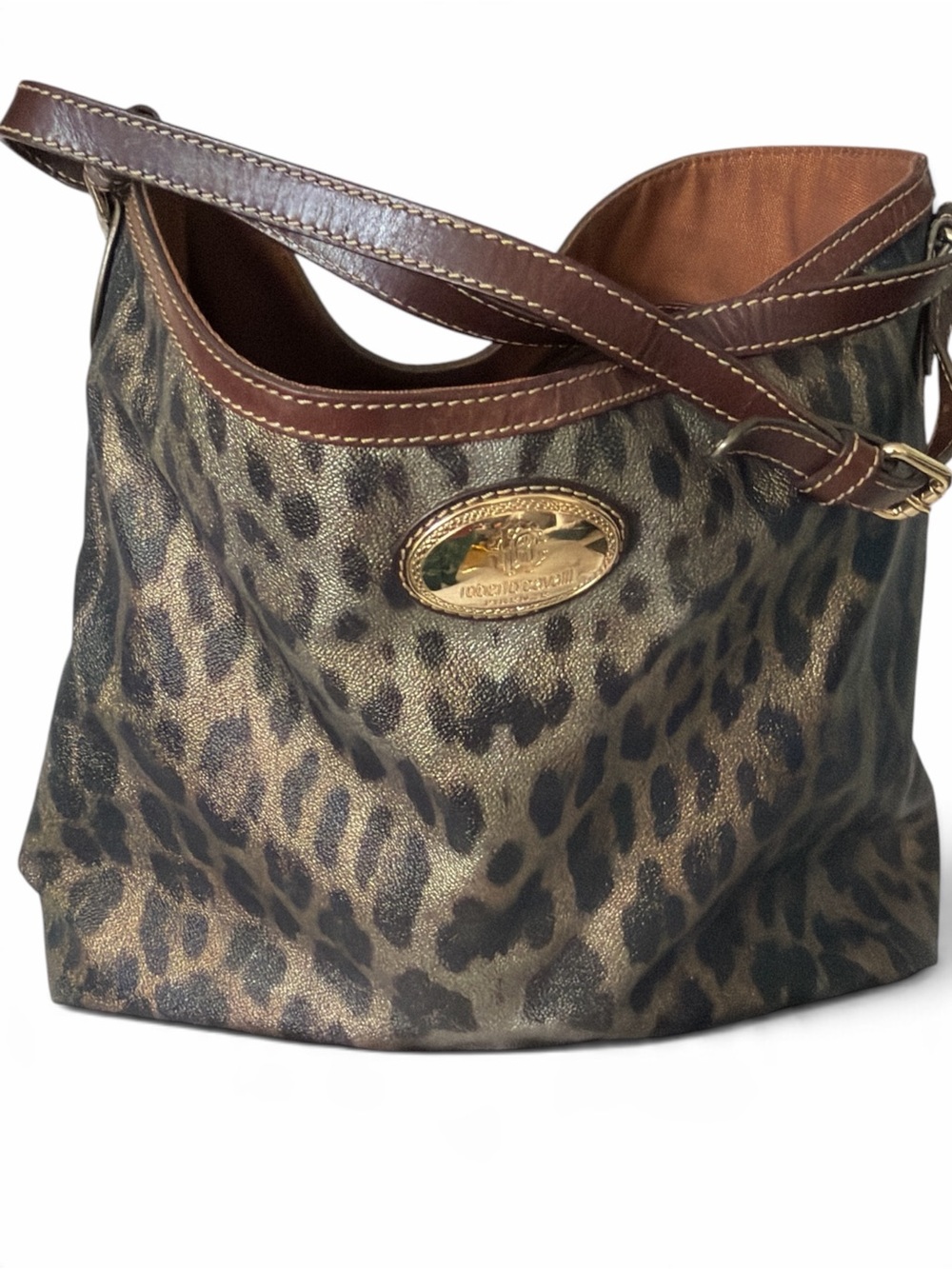 Roberto Cavalli Metallic Leopard-Print Hobo with Brown Leather Trim